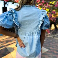 Denim Embroidered Babydoll Top