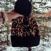 Sequin Faux Fur Pom Beanie - GOLD