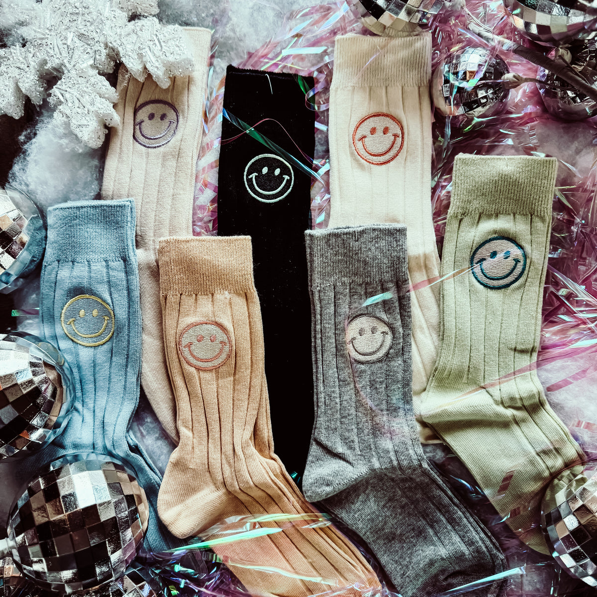 Happy Face Ribbed Crew Socks