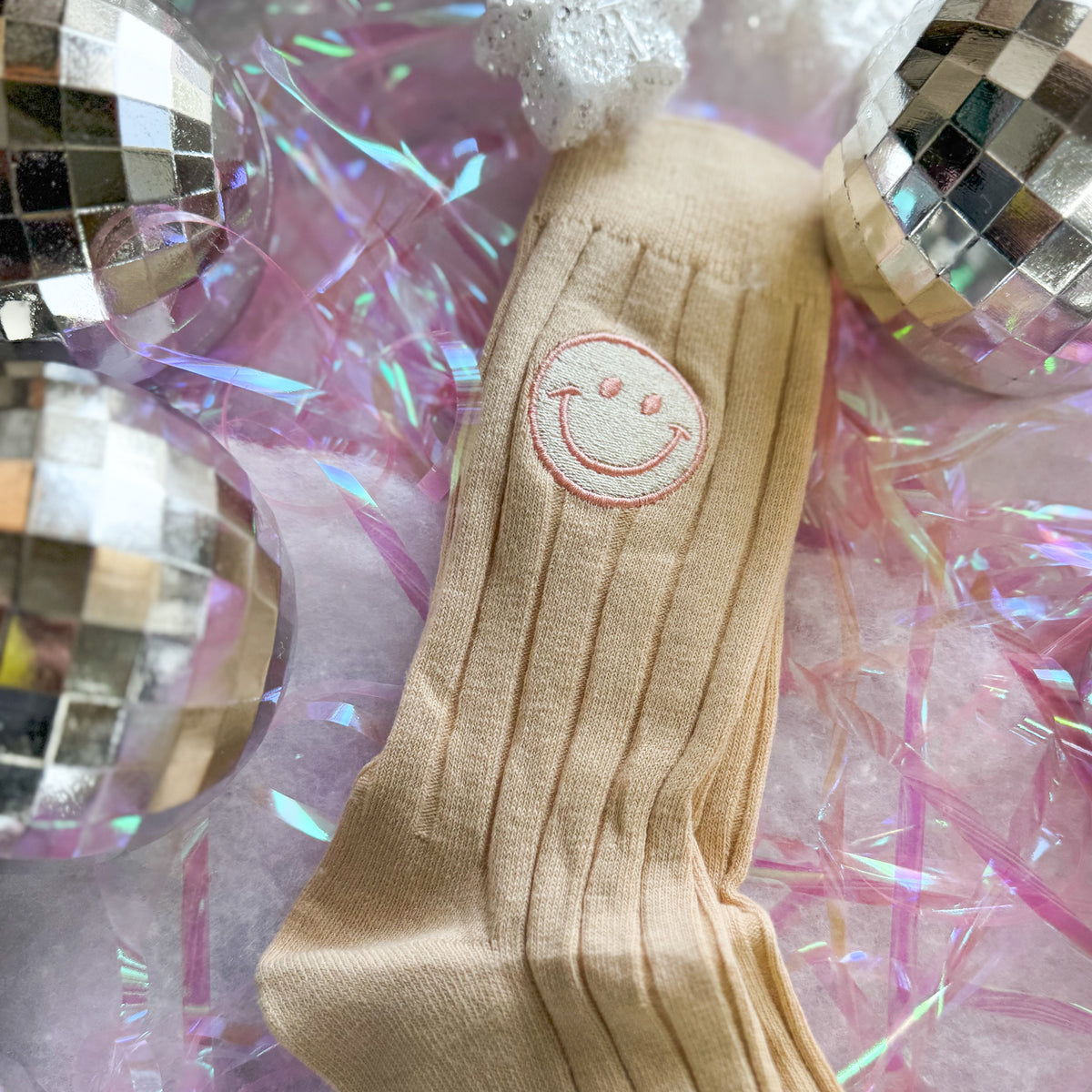 Happy Face Ribbed Crew Socks