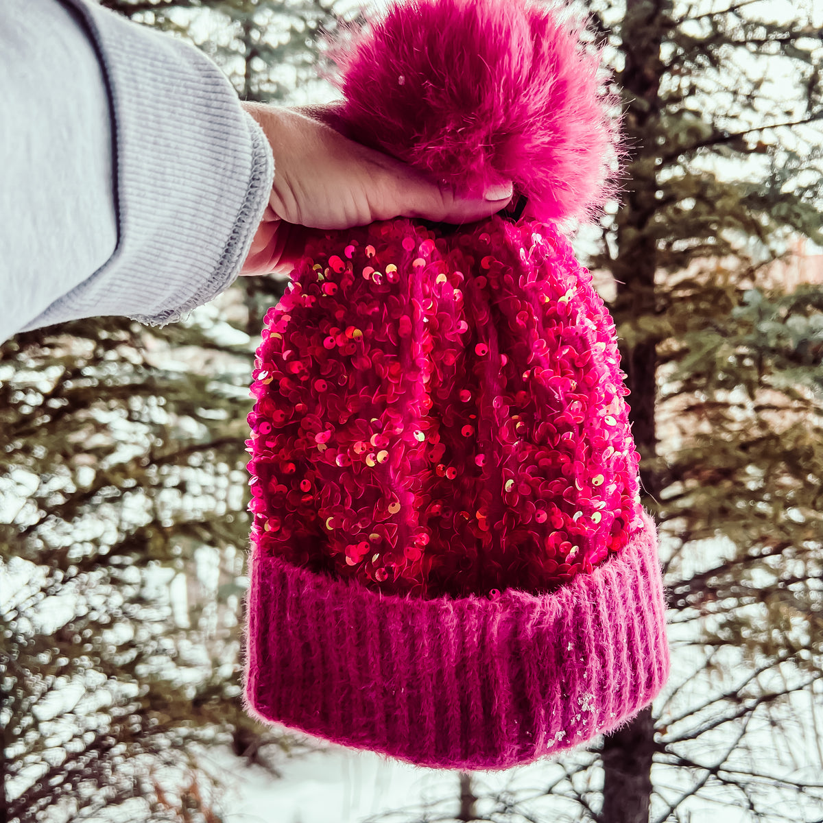 Sequin Faux Fur Pom Beanie - HOT PINK