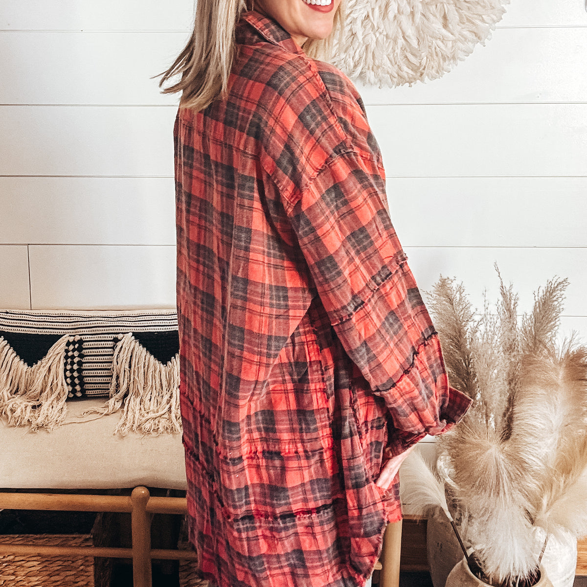 Holly Mineral Wash Plaid Tunic - RED