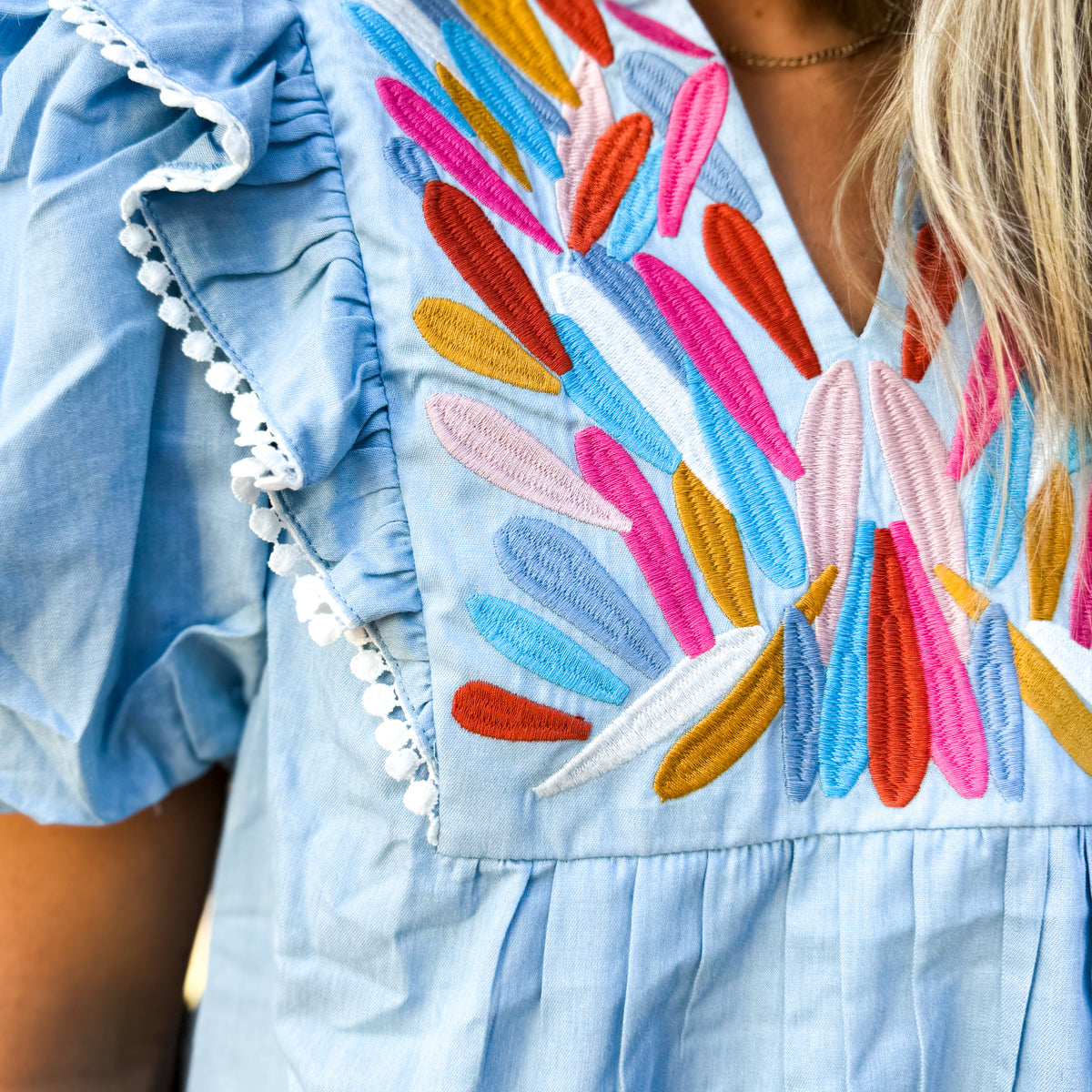 Denim Embroidered Babydoll Top