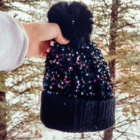 Sequin Faux Fur Pom Beanie - PURPLE/BLACK