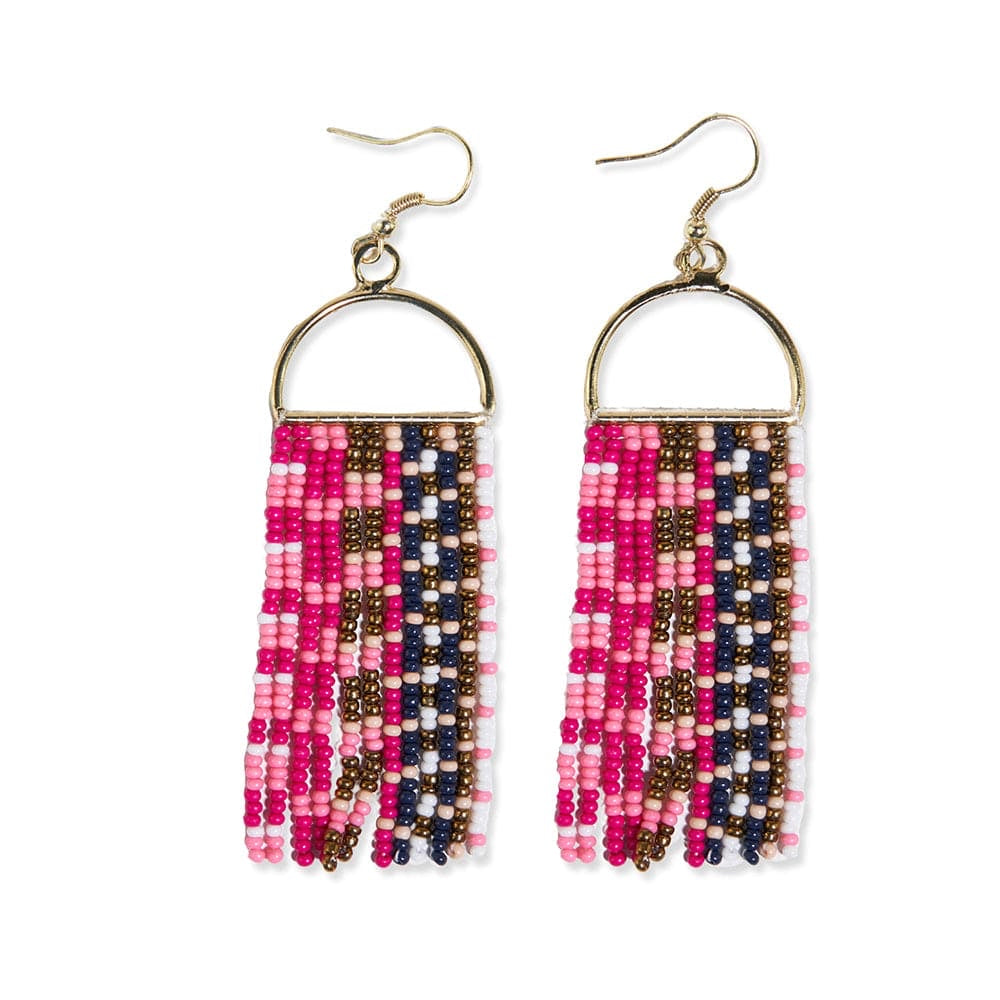 Hannah Mixed Checker Beaded Fringe Earrings - HOT PINK