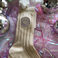 Happy Face Ribbed Crew Socks