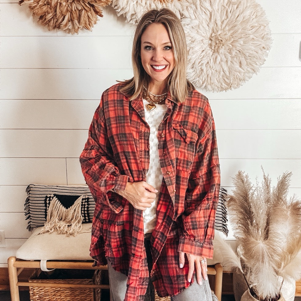 Holly Mineral Wash Plaid Tunic - RED