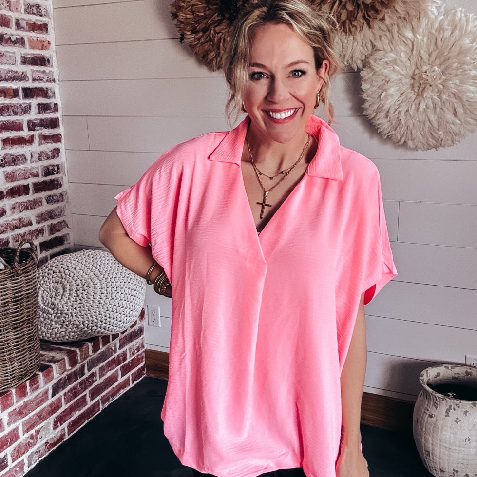 Lainey Woven Top- BRIGHT PINK