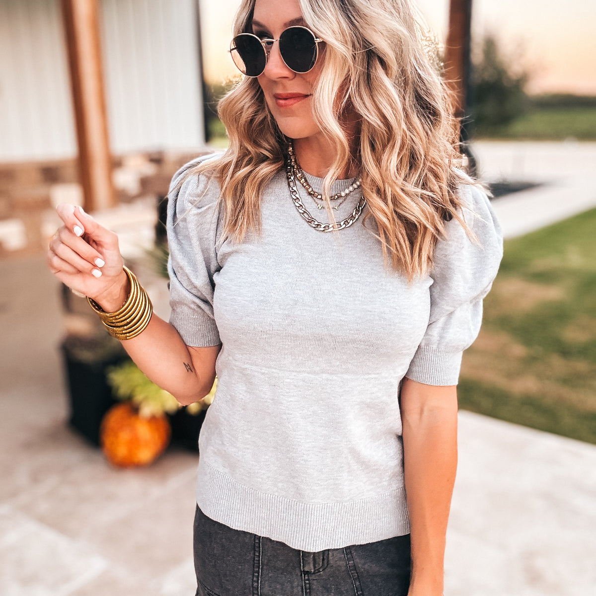 Poppy Puff Sleeve Sweater - GREY