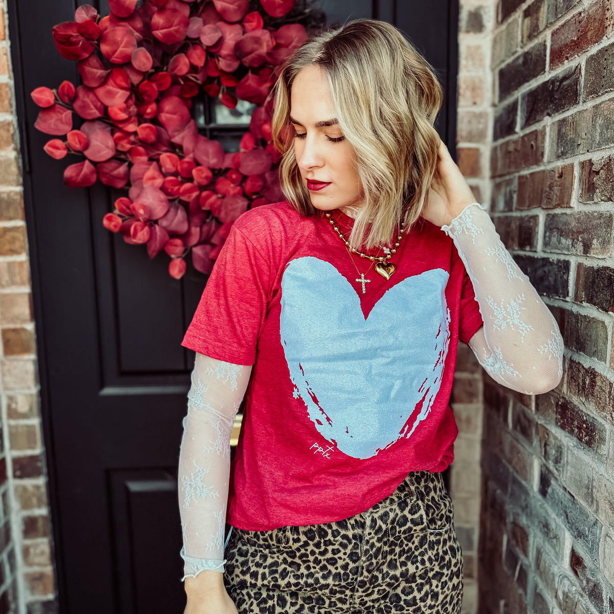 White Glitter Heart Red Tee