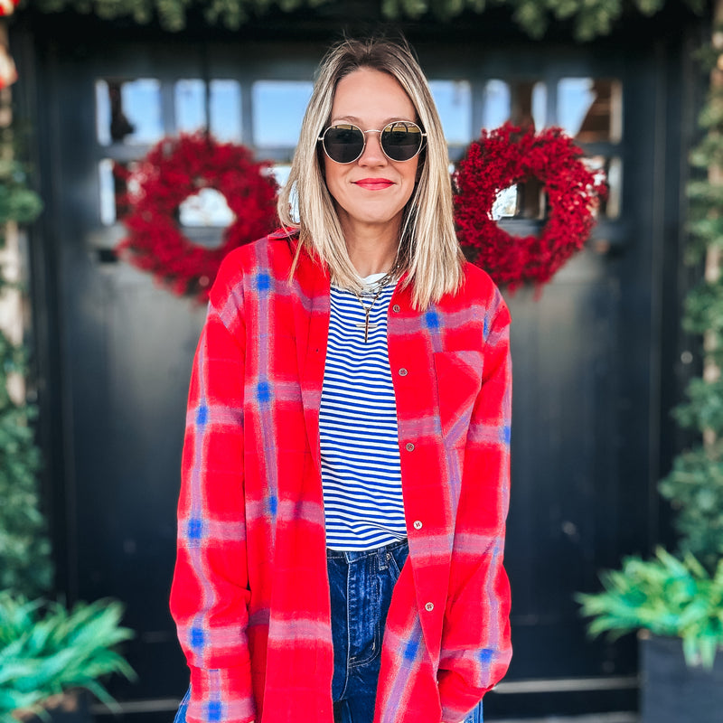 Edgy Oversized Plaid Button Down - Red