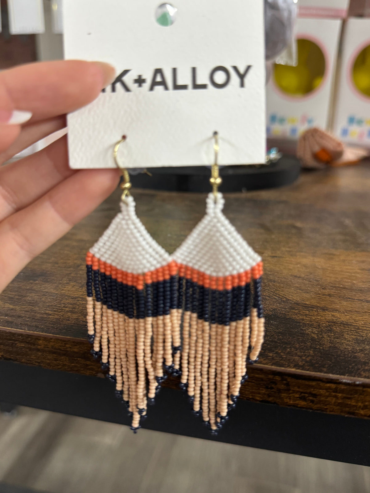 Beaded Fringe Earrings - Navy + Peach