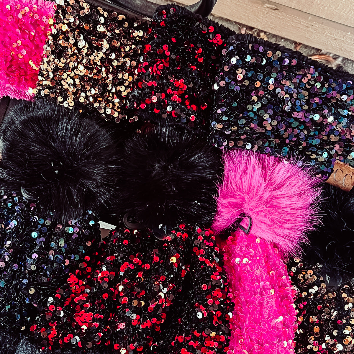 Sequin Faux Fur Pom Beanie - HOT PINK