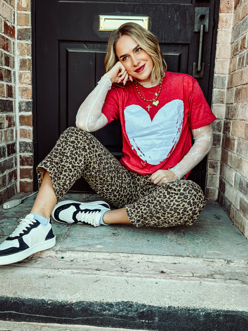 White Glitter Heart Red Tee