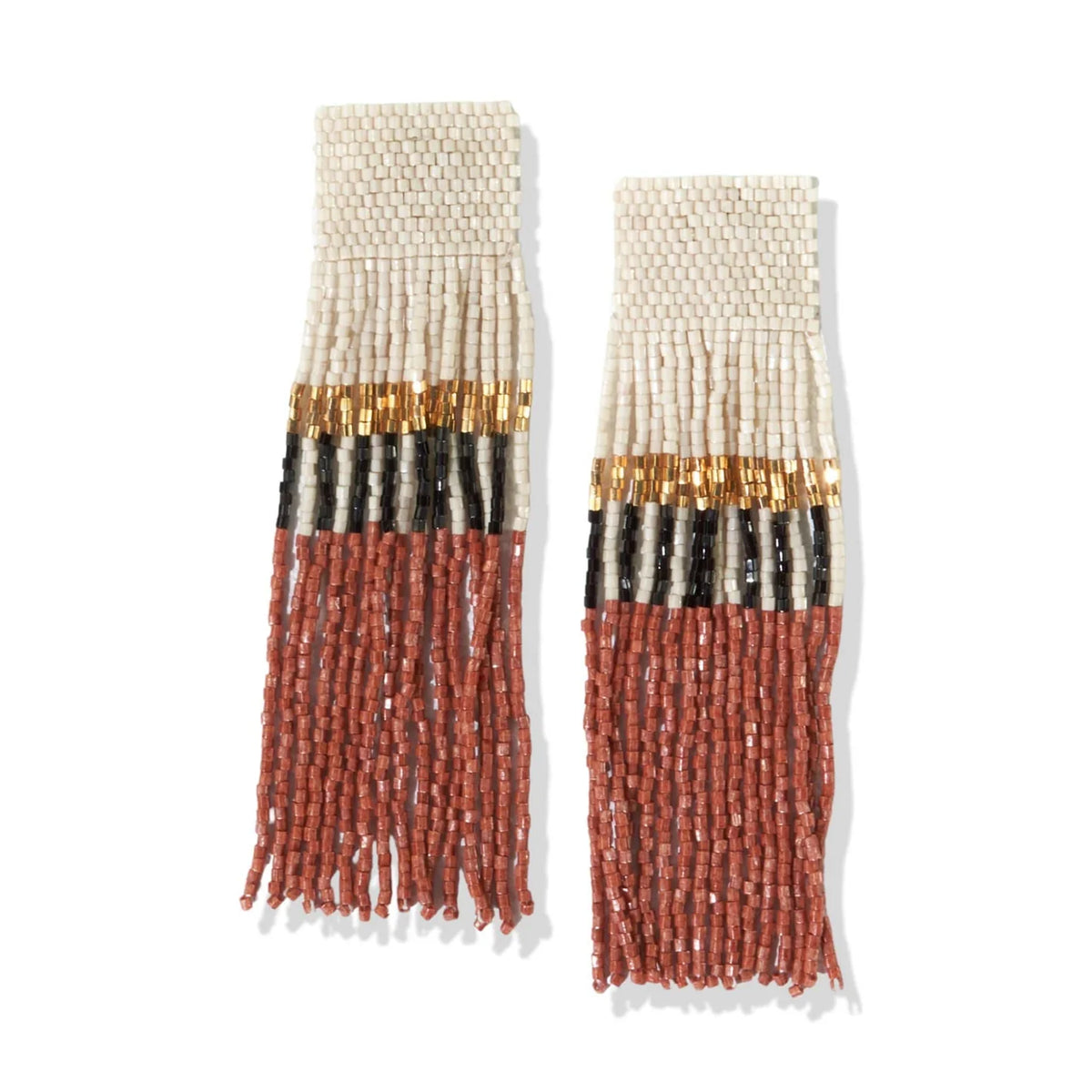 Belle Color Block with Stripes Beaded Fringe Earrings - RUST